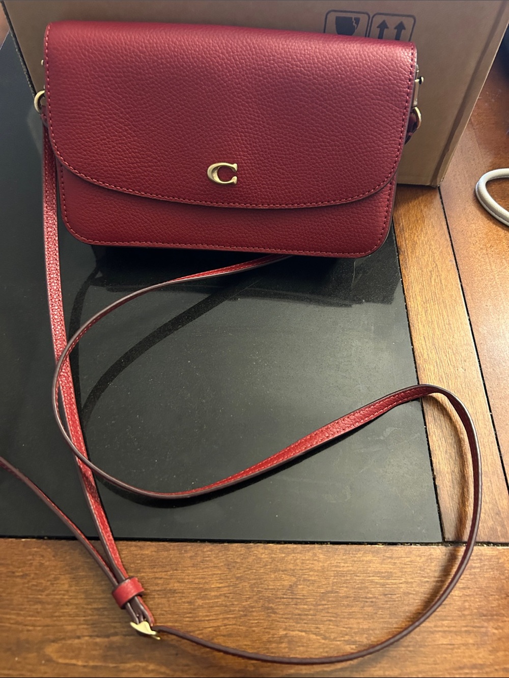 Coach Pebbled Leather Crossbody Bag in Burgundy with Gold 'C'